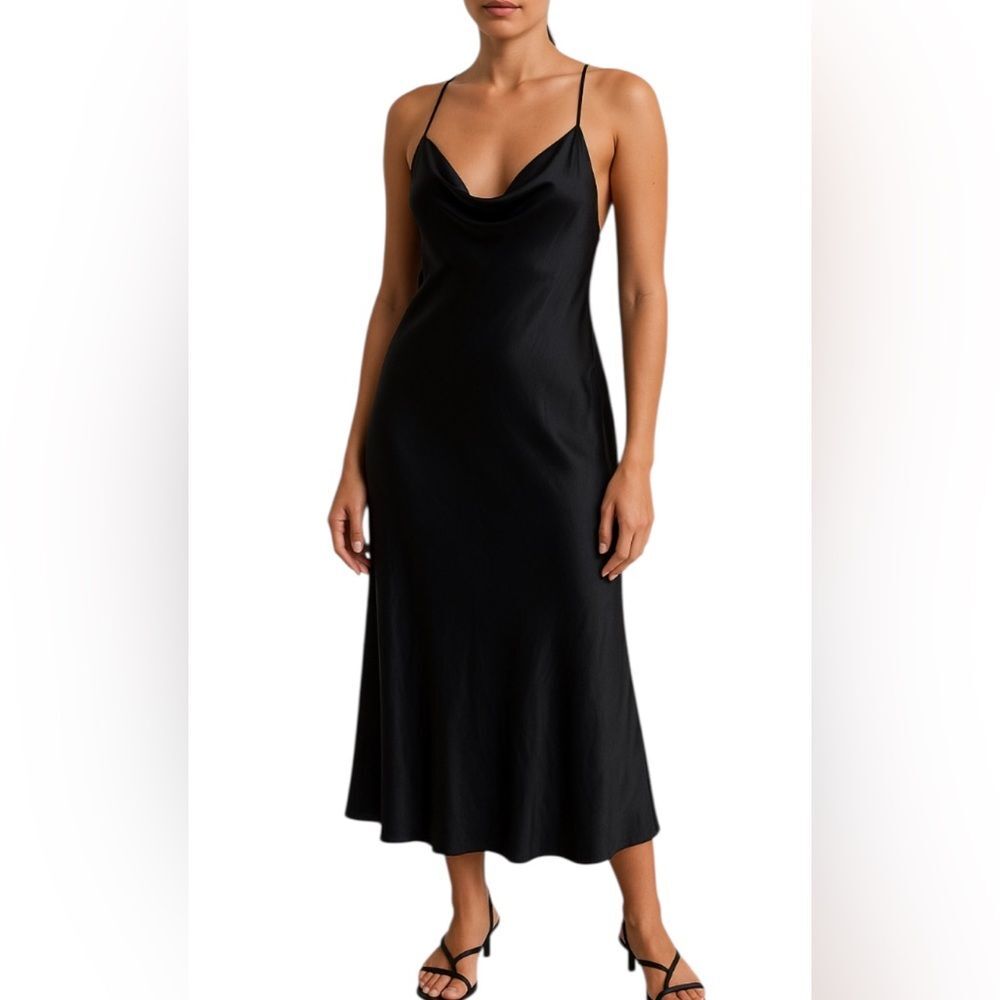 H & M Divided Elegant Black Satin Slip Dress. Draped Neck, Open Back. Size Small